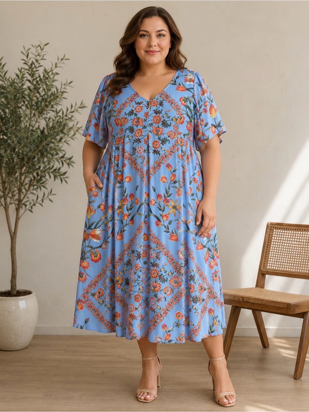 eShakti Wayward Fancies Floral Print Blue Orange Georgette Empire Boho Dress